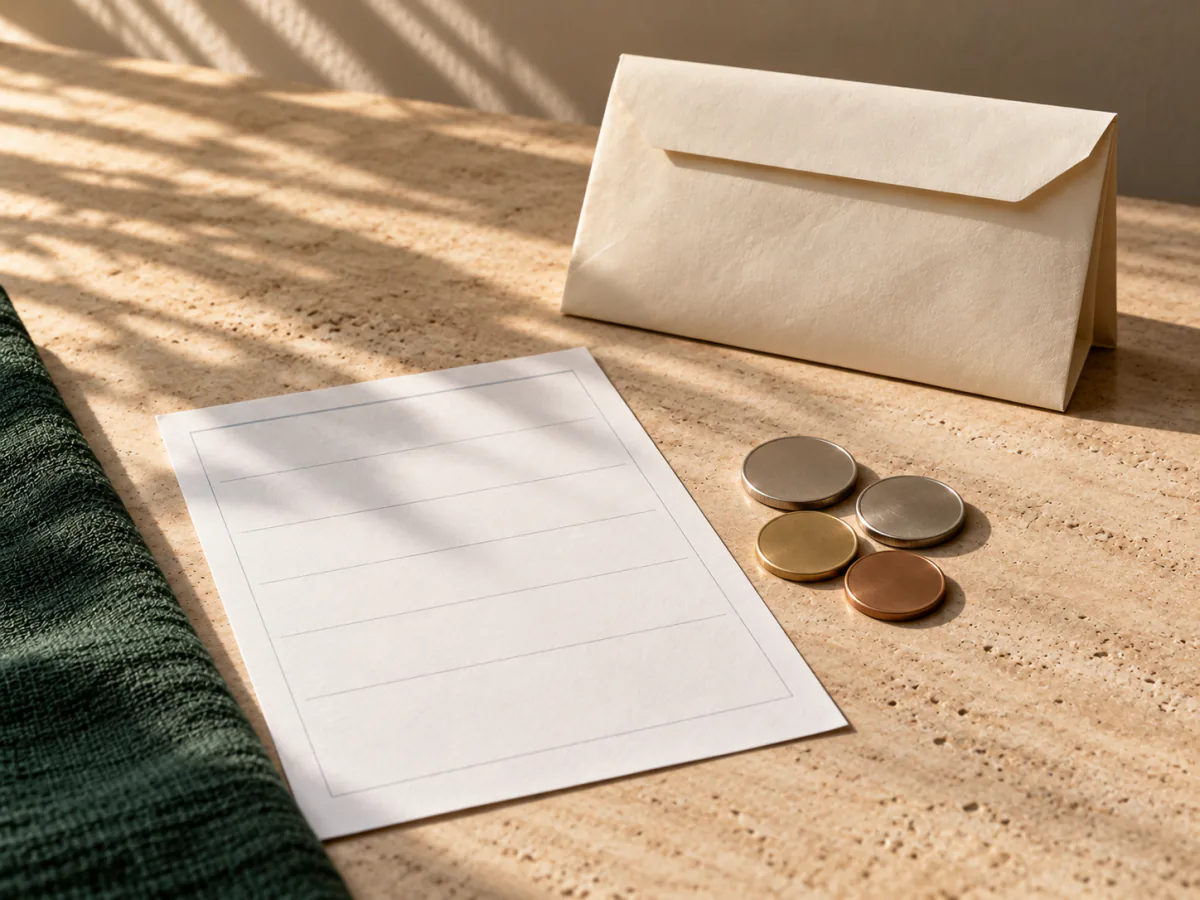 Des pièces près d’une facture vierge et une enveloppe fermée sur une table, deux usages de l’argent à des échéances distinctes.