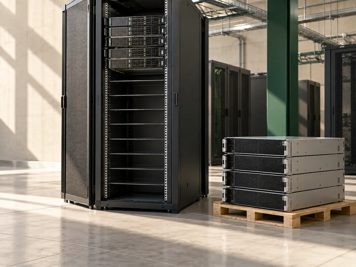Baie de serveurs partiellement équipée, à côté de quatre châssis encore posés sur une palette dans une salle de calcul lumineuse.