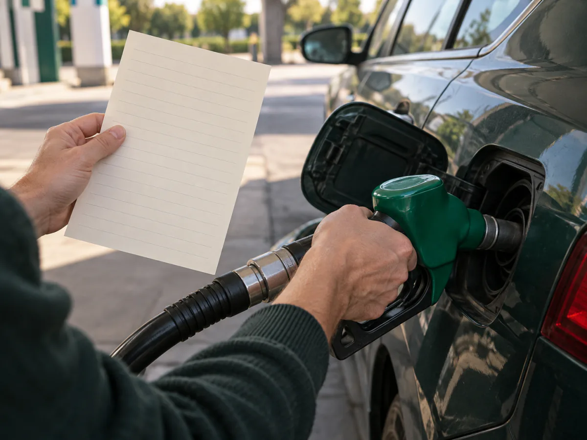 Un pistolet de carburant dans une voiture, à côté d’une feuille de budget vierge tenue à la main