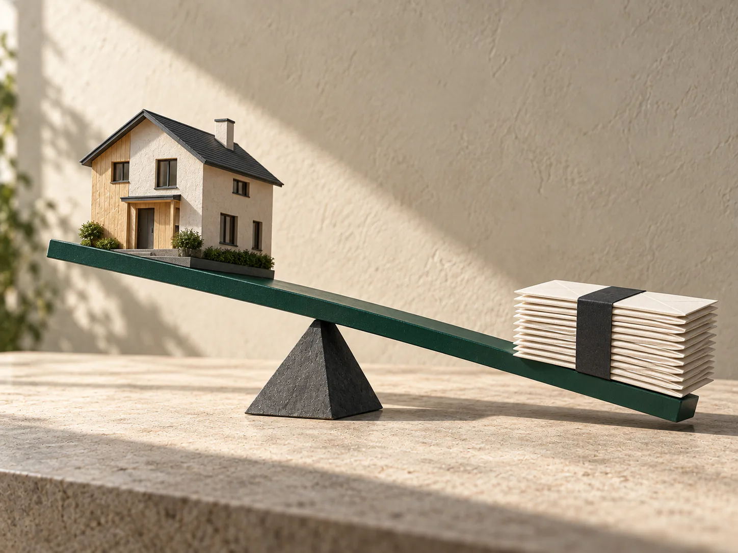 Une maison miniature est soulevée par un levier vert dont l’autre extrémité porte une pile de mensualités sous forme d’enveloppes vierges.