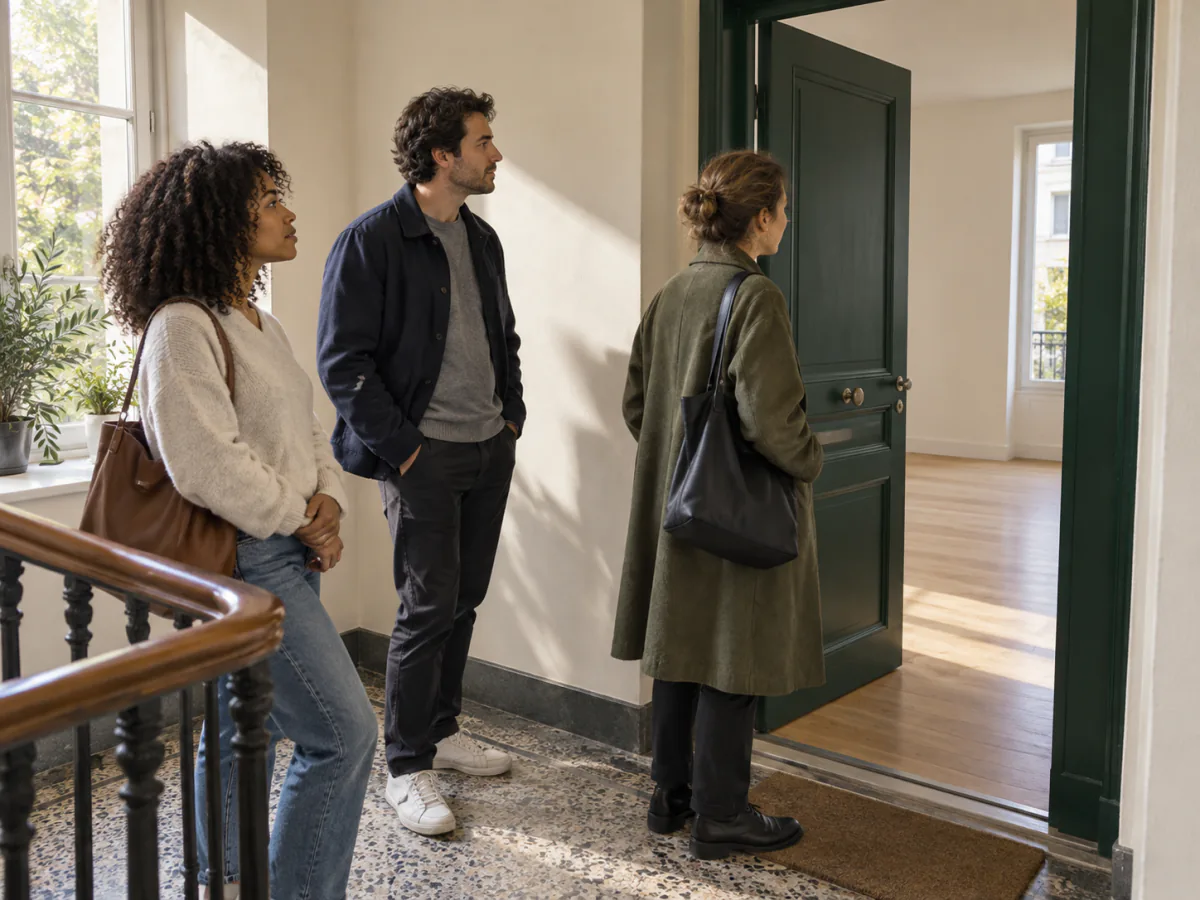 Trois personnes attendent une visite sur un palier, devant la porte verte ouverte d’un appartement vide.