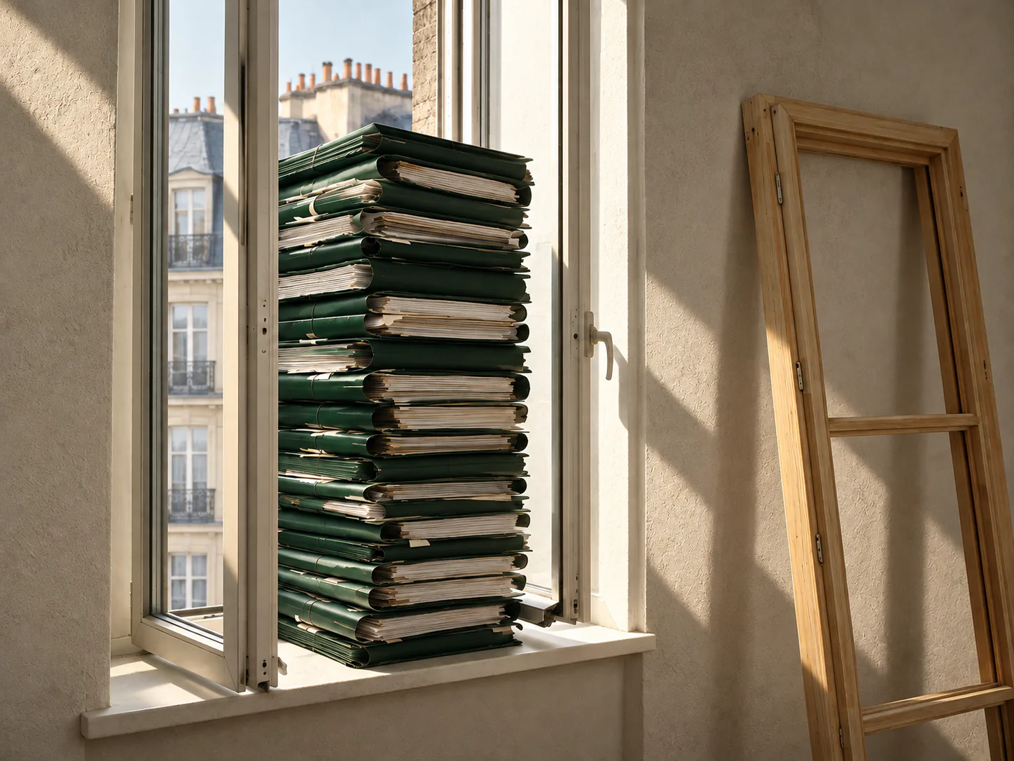 Une pile de dossiers verts bloque une fenêtre dont le cadre de remplacement attend à côté.