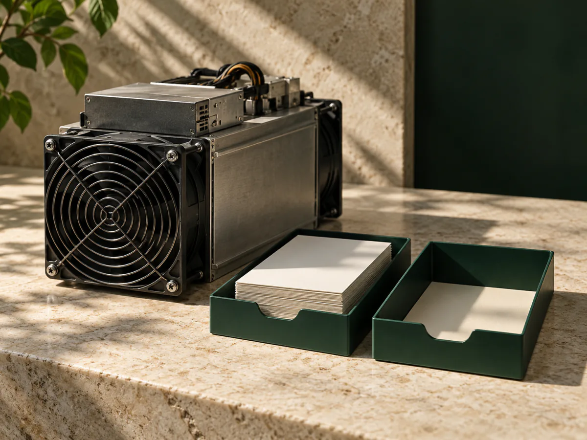 Un appareil de minage de bitcoin jouxte deux bacs de cartes vierges, dont l'un est partiellement vidé.