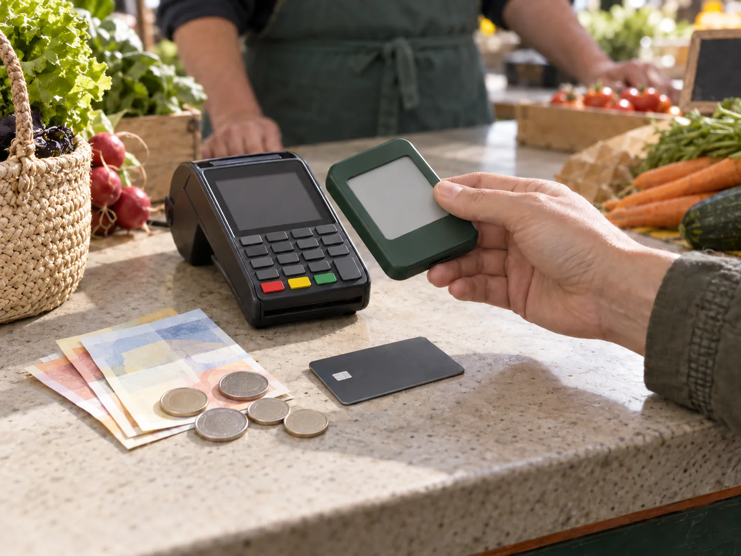 Au marché, une main présente un portefeuille numérique vert près d’un terminal, de billets, de pièces et d’une carte bancaire.