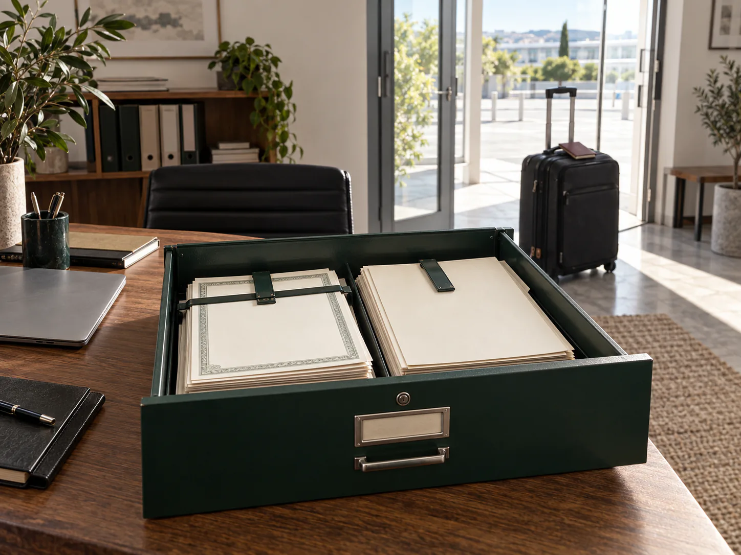 Un tiroir vert retient des dossiers d’entreprise sur un bureau tandis qu’une valise attend près de la sortie.