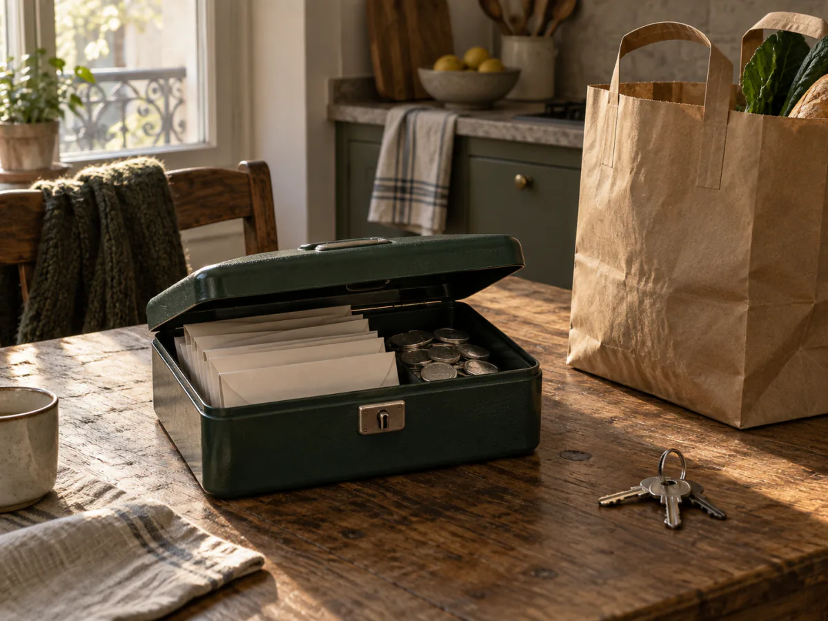 Caisse verte ouverte contenant quelques enveloppes et pièces sur une table, près d’un sac de courses et de clés.