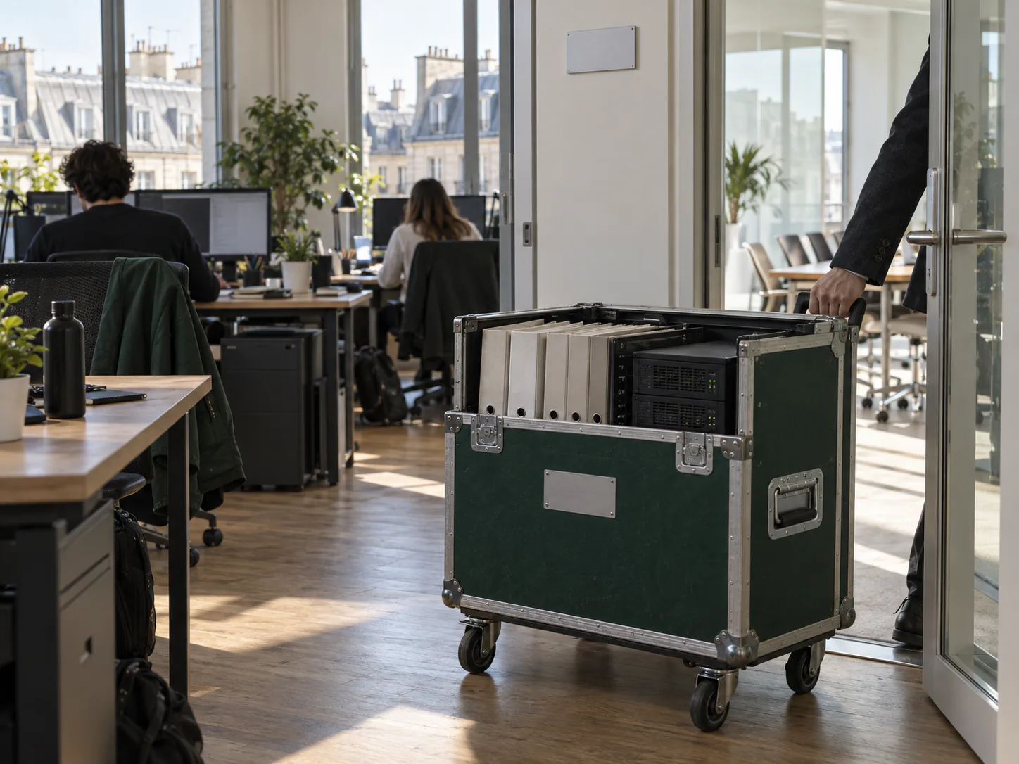 Une malle verte contenant des dossiers et un serveur quitte un bureau parisien où l’équipe continue de travailler.