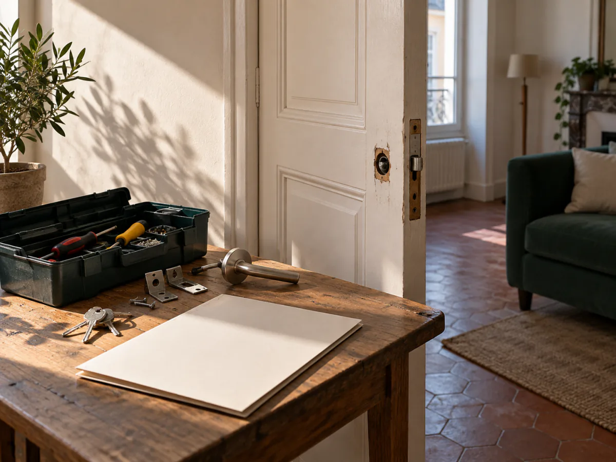 Porte d’un appartement en réparation, avec clés, outils et dossier de location sur une table.