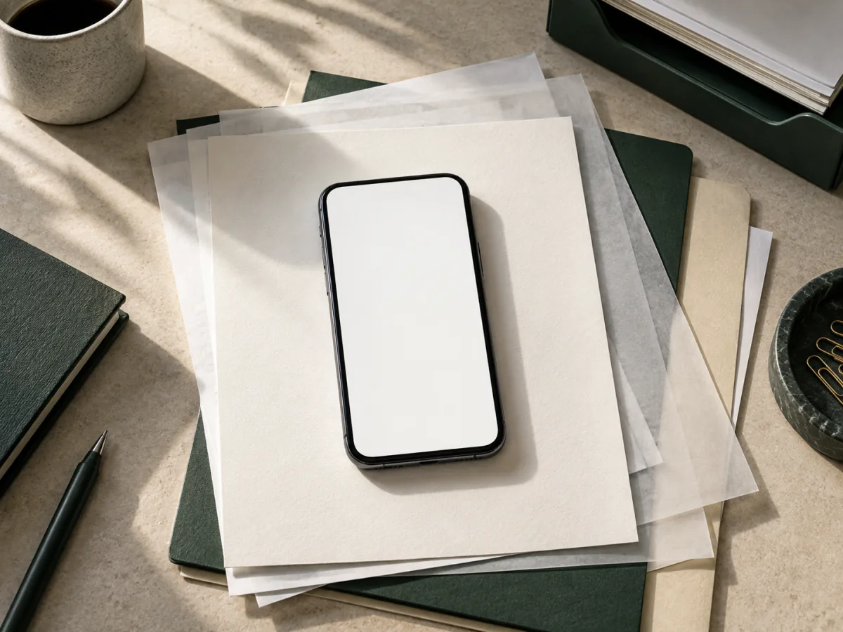 Un smartphone à l’écran vierge posé sur plusieurs couches de documents et de chemises, sur un bureau minéral éclairé par le soleil.