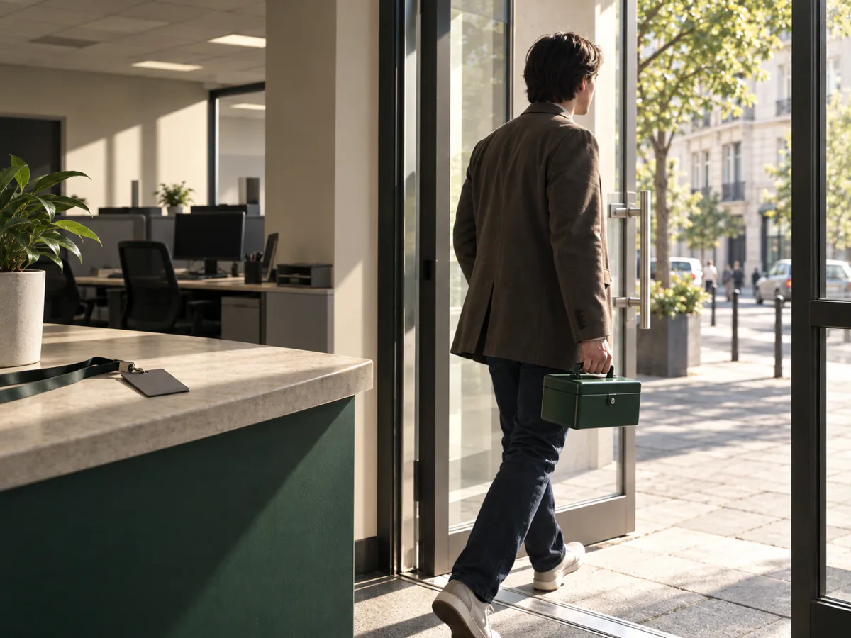 Une personne quitte calmement un bureau après avoir rendu son badge, avec une petite boîte verte à la main.