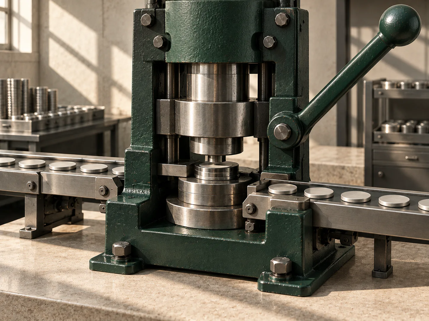 Une presse monétaire verte contrôle le passage de disques métalliques vierges sur une ligne de production.