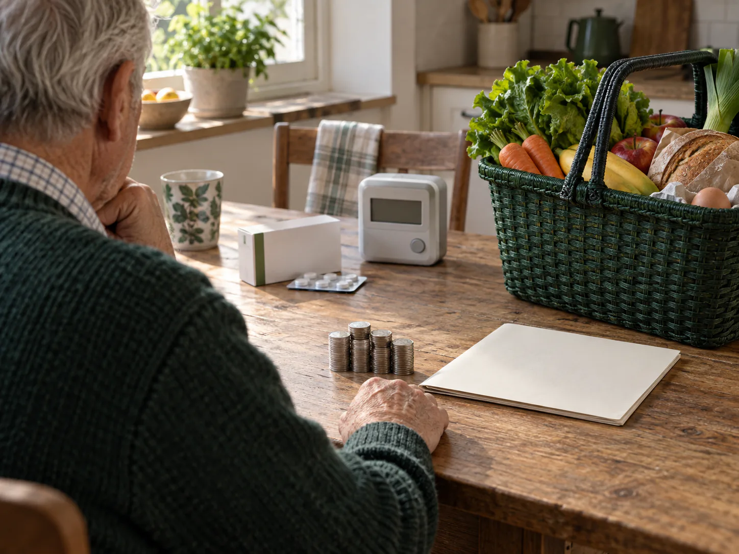 Un épargnant âgé compare des piles de pièces et un dossier obligataire à un panier de produits essentiels.