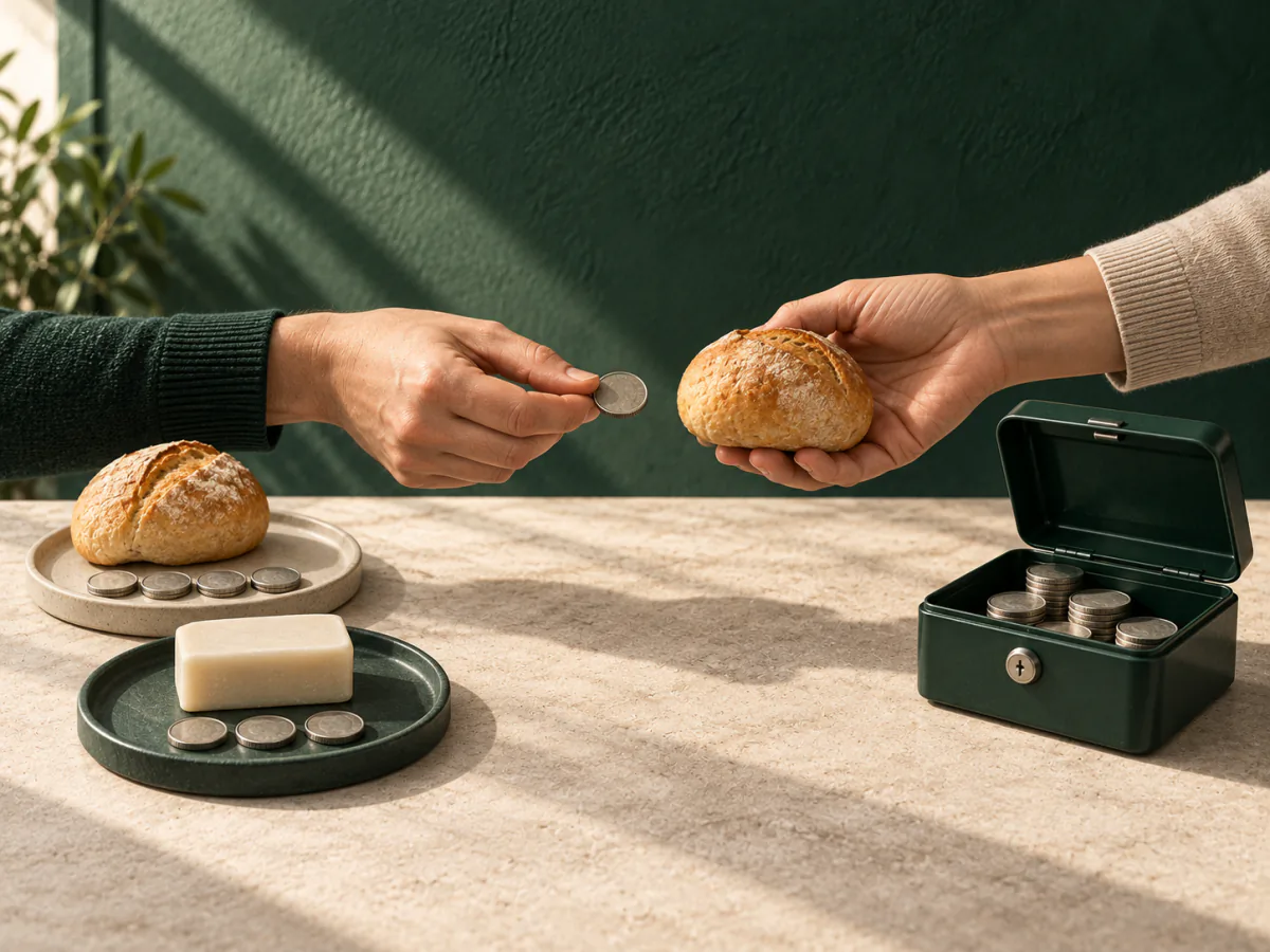 Des pièces servent à comparer du pain et du savon, à réaliser un échange, puis à constituer une réserve dans un coffret.
