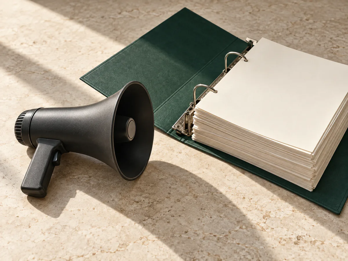 Un petit mégaphone noir près d’un épais classeur vert ouvert sur des feuilles ivoire.