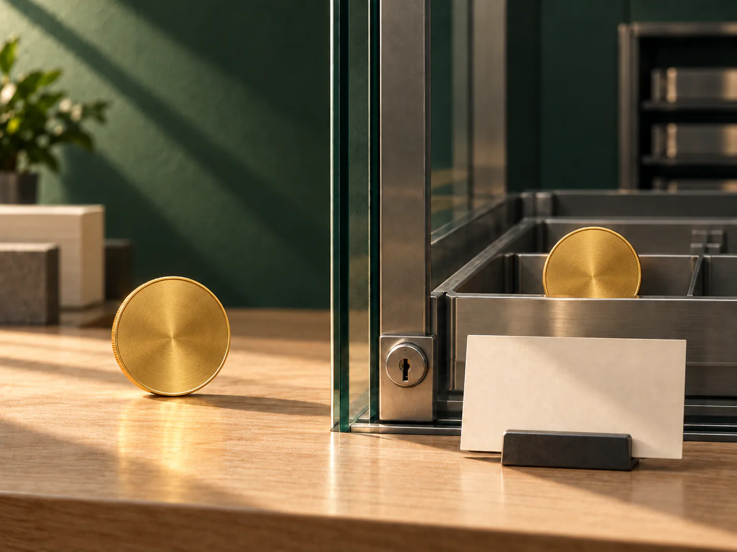 Deux pièces d’or identiques sont séparées par une paroi vitrée verrouillée, l’une accessible et l’autre placée derrière un contrat vierge.