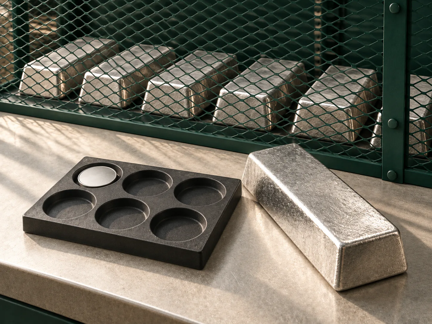 Un plateau de six pièces d’argent n’en contient qu’une, tandis que de grandes barres restent visibles derrière une grille verte.