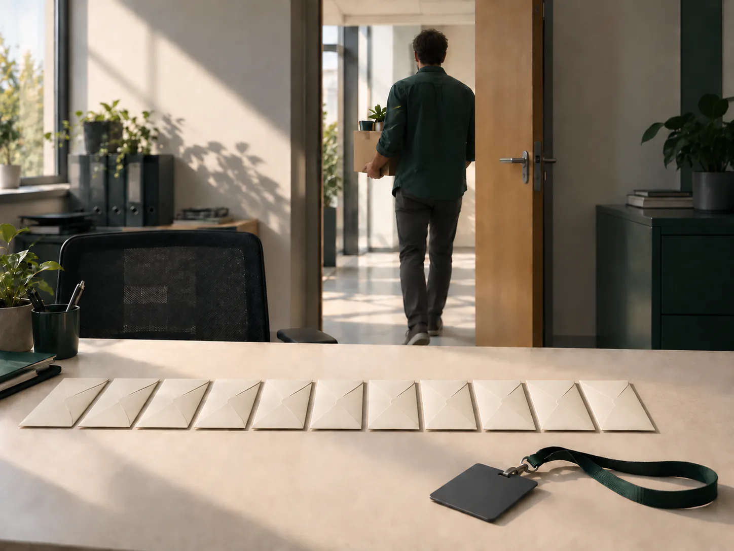 Douze enveloppes mensuelles et un badge professionnel vierge restent sur un bureau pendant qu’un salarié quitte l’entreprise avec un petit carton.