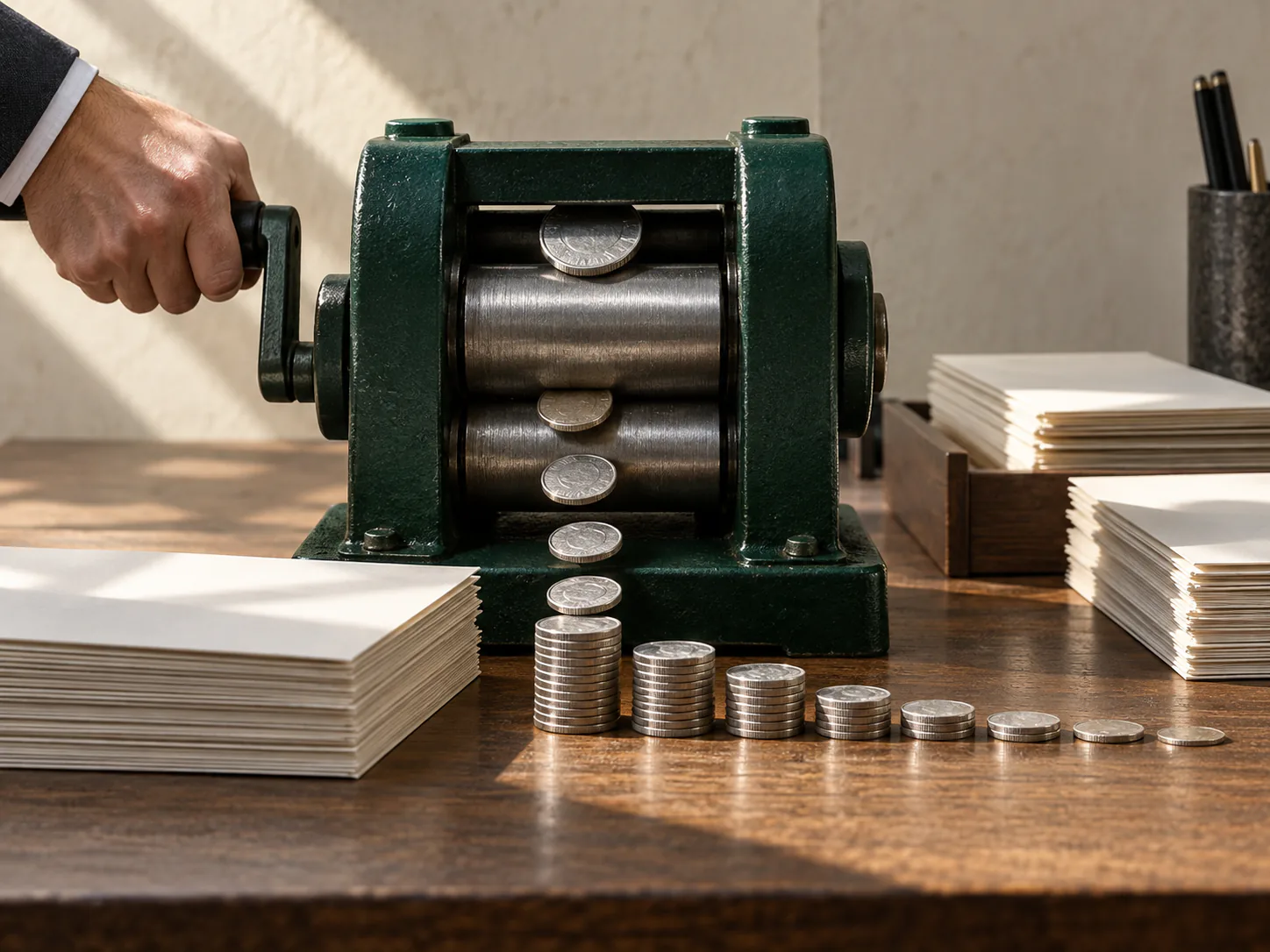 Une presse verte amincit progressivement une série de pièces argentées devant des piles de documents de paiement.