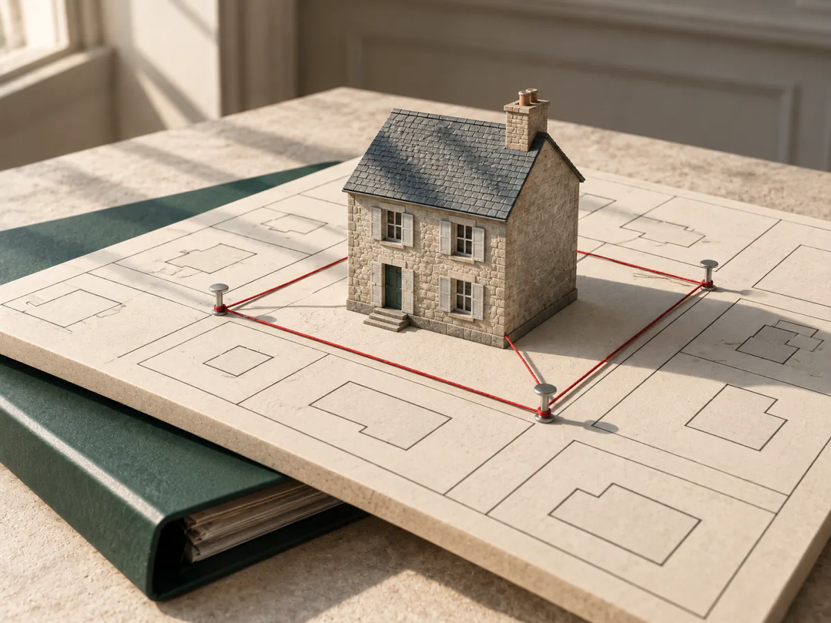 Une maquette de maison en pierre est retenue à sa parcelle cadastrale par quatre cordons rouges tendus vers des repères métalliques.