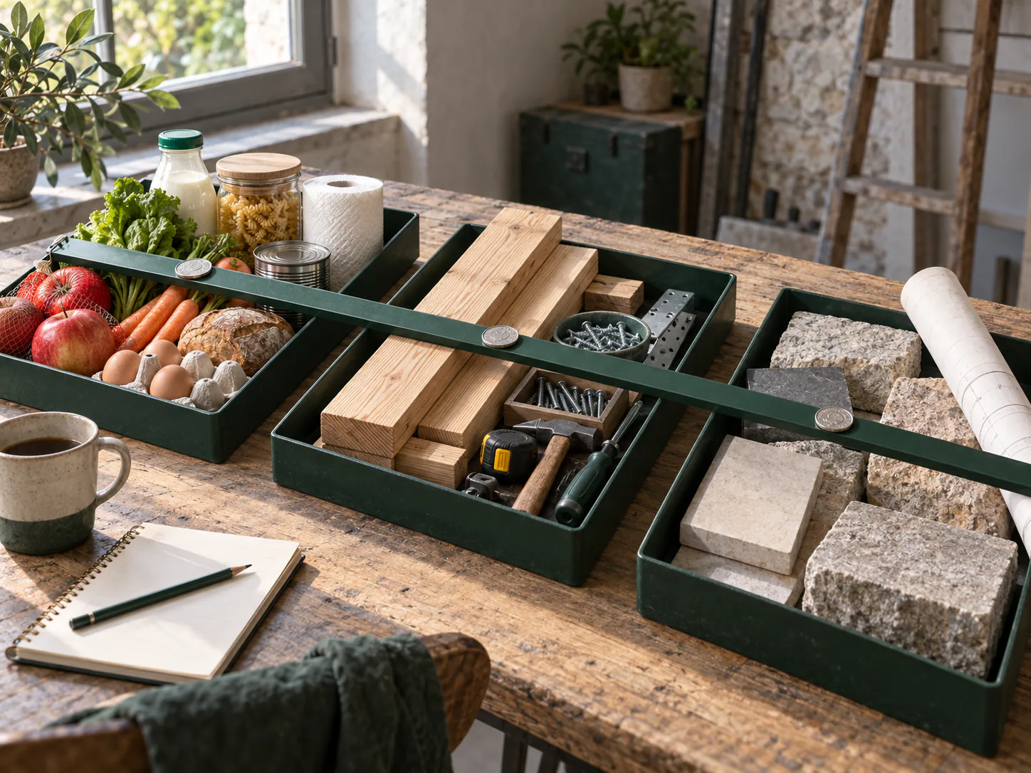 Trois plateaux de provisions, bois et pierre sont comparés le long d’un même rail vert ponctué de pièces.