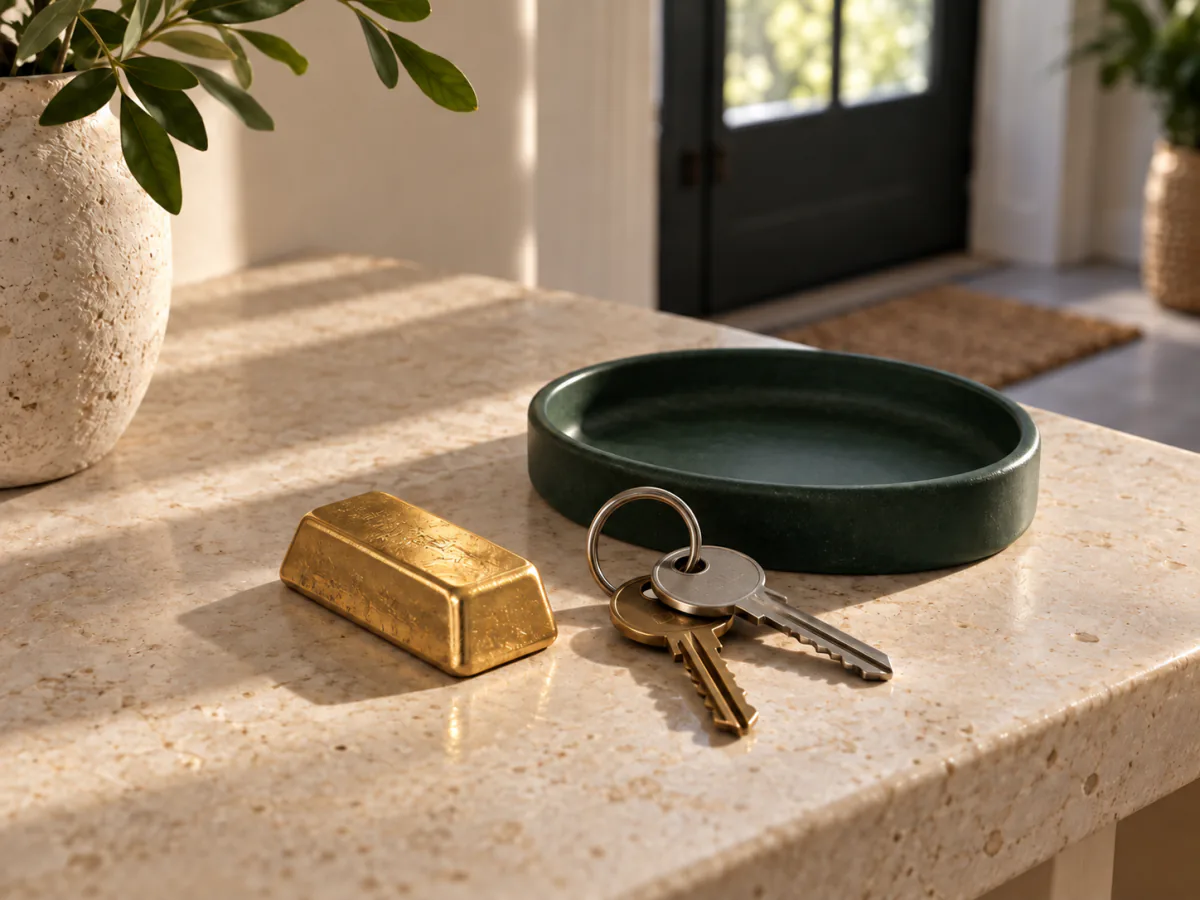 Un petit lingot et des clés de maison sur une console en pierre, près d’un vide-poche vert.