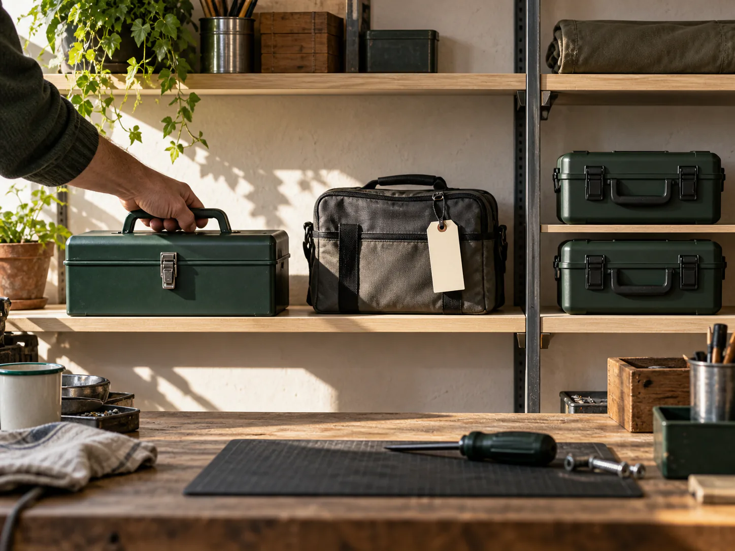 Dans un atelier, une main range une boîte essentielle près d’un sac loué et de deux boîtes de secours dupliquées.