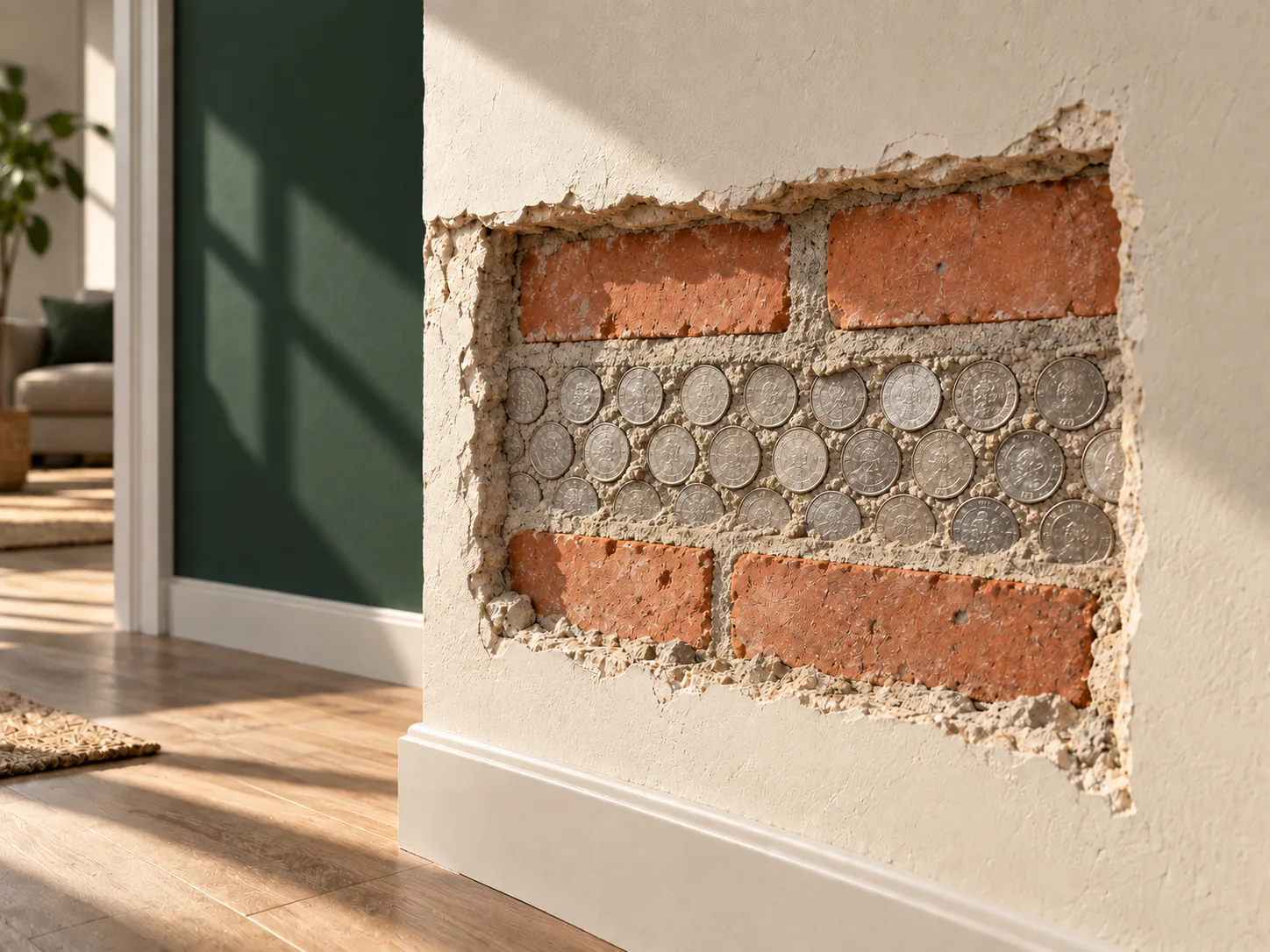 Des pièces intactes sont prises dans une couche de mortier au cœur d’un mur de maison.